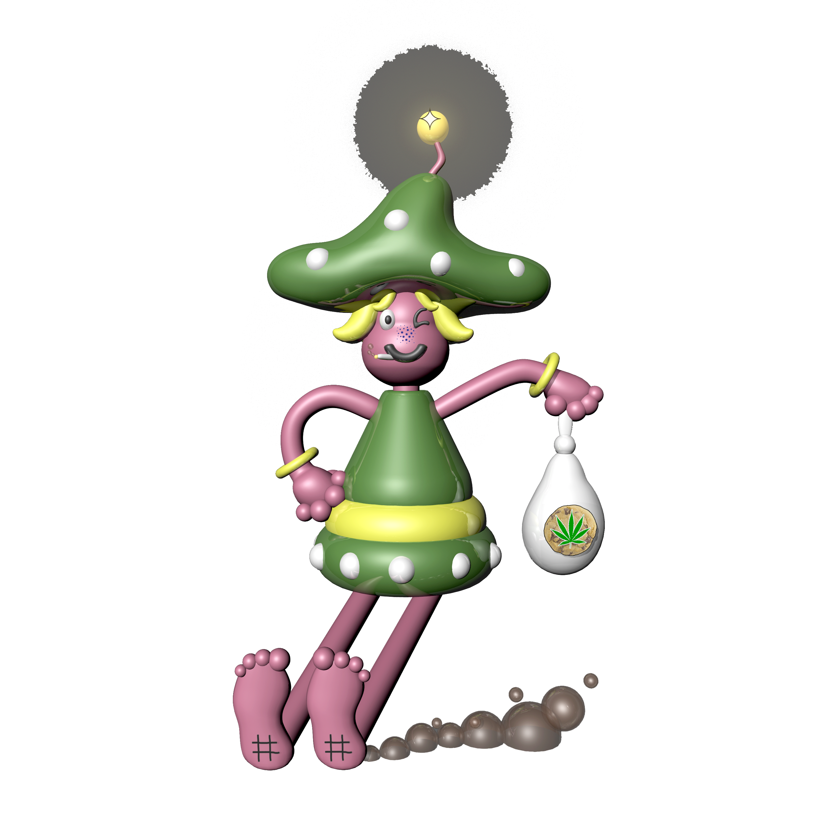 3D stylized chracter with a mushroom shaped hat, blonde hair and a green dress with a bag of cookies in one hand